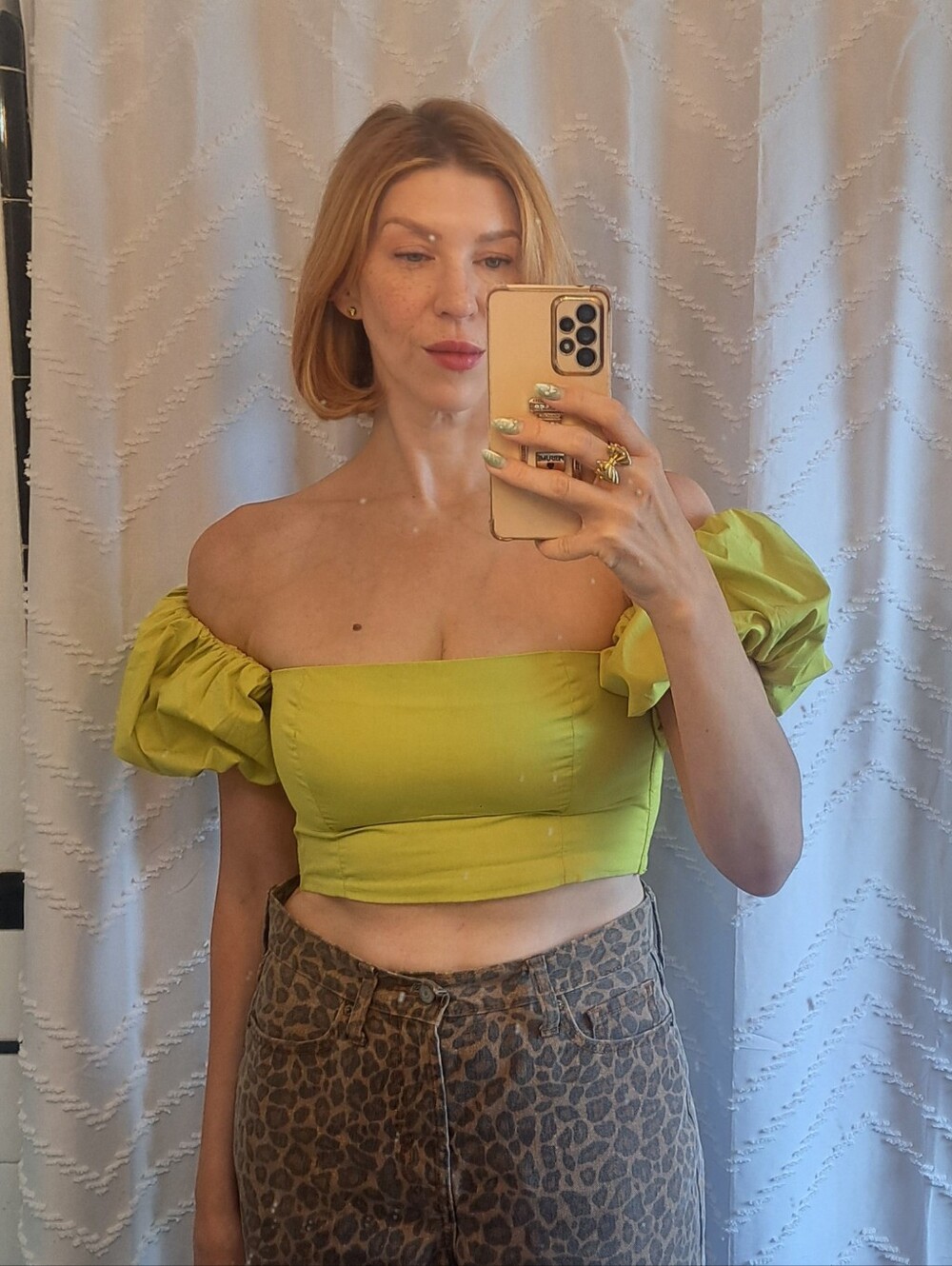 Lime Green Off-Shoulder Puff Sleeve Crop Top